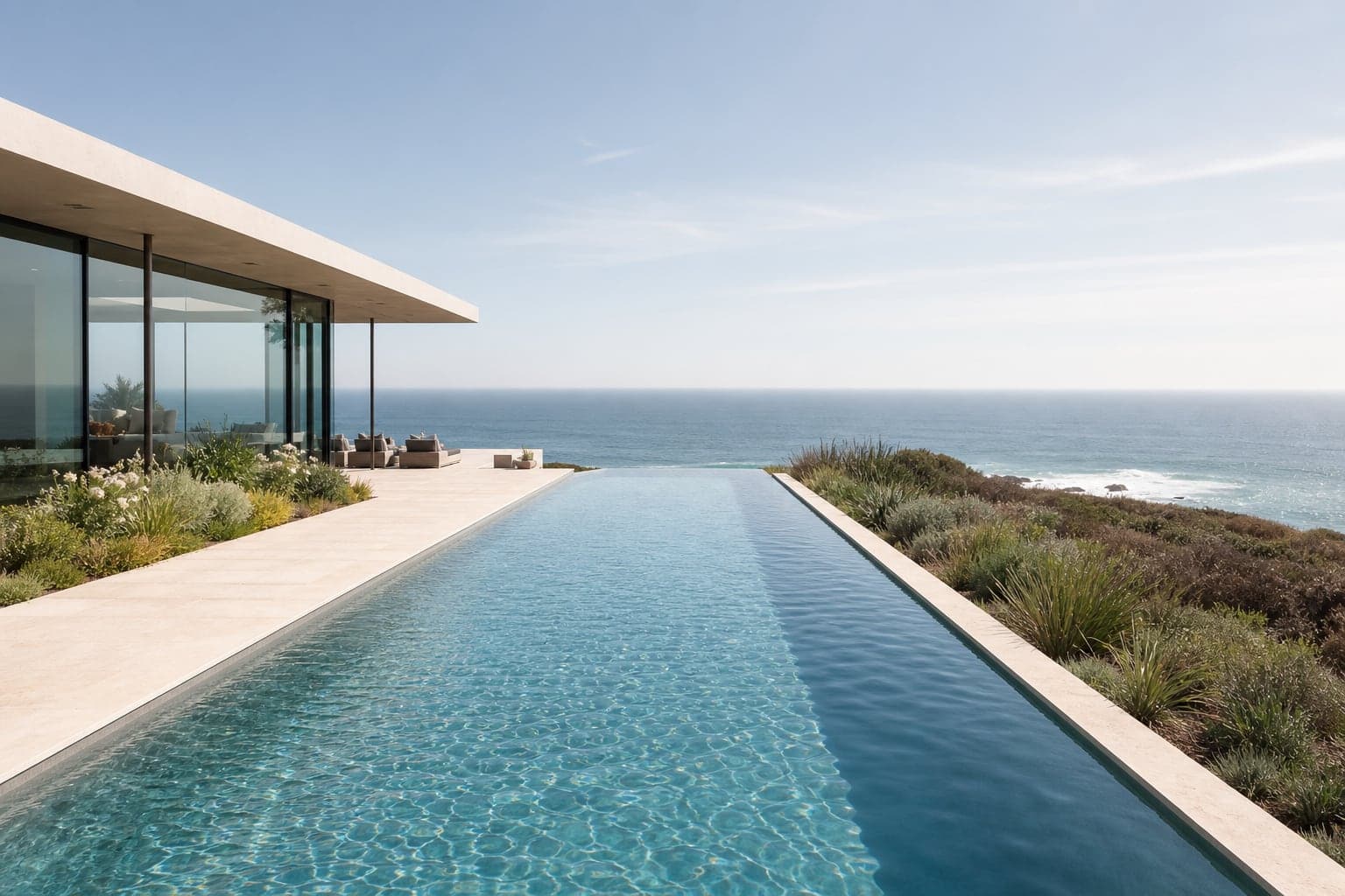 Minimal coastal infinity pool in Malibu